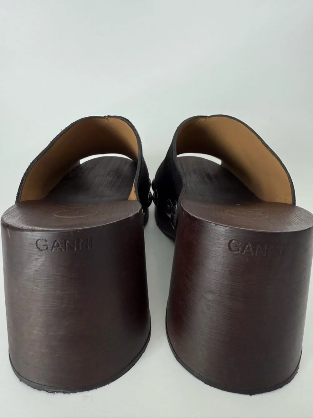 GANNI Retro Studded Wood Black Suede Clogs Open Toe Wedge - Picture 8 of 16